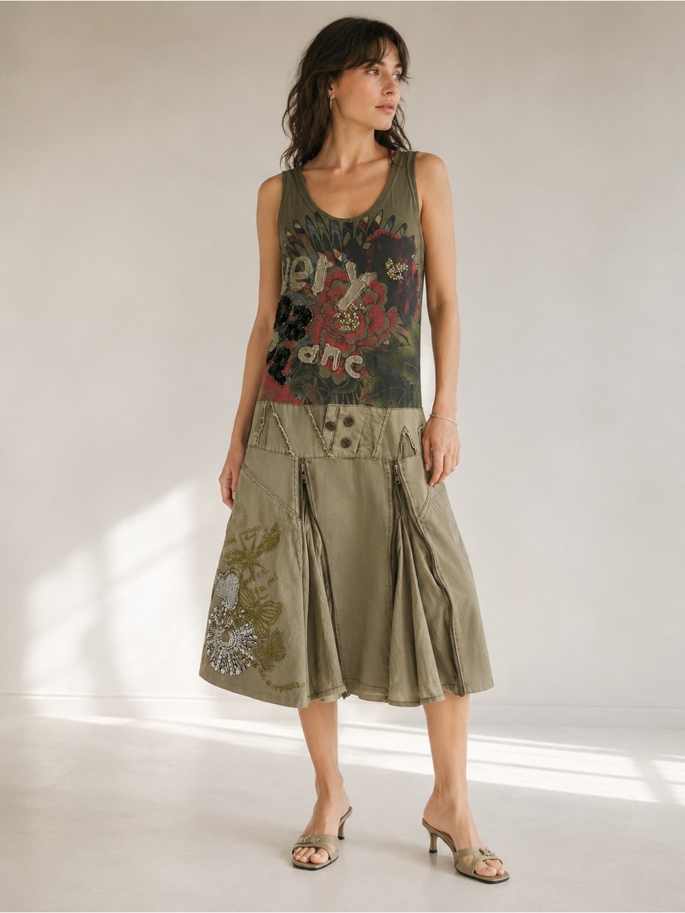 Y2K Desigual Embroidered Sequin Drop Waist Utility Midi Dress Sz 44 US Sz 10/12